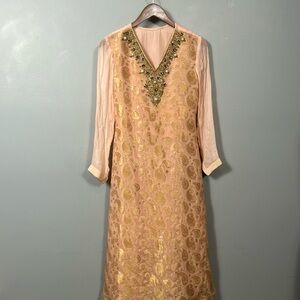 Light peach beaded v neck chiffon midi dress size small ethnic Indian